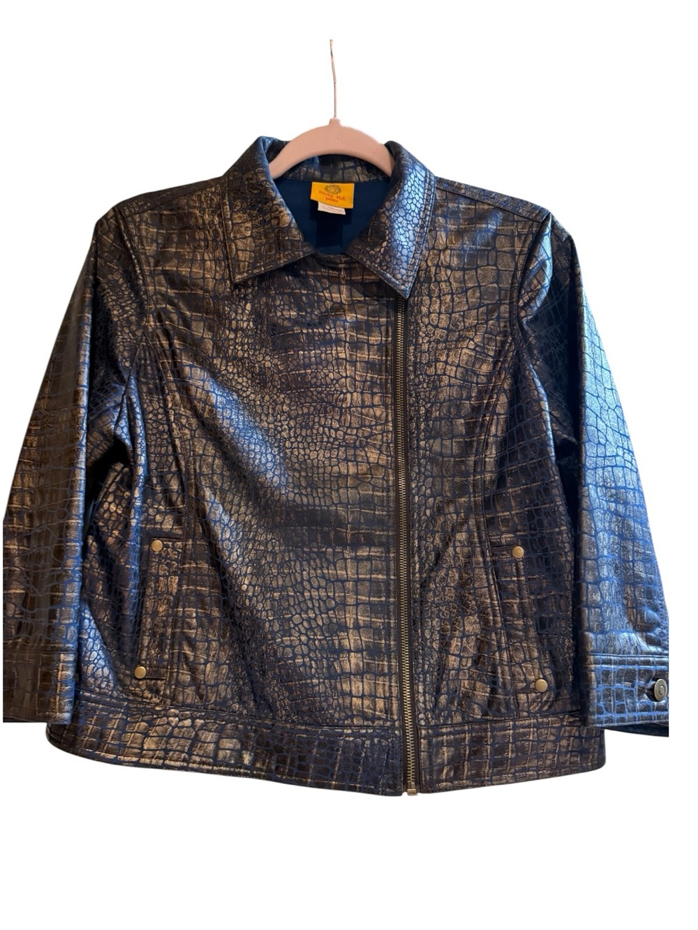 Ruby Rd Petite 10 Metallic Croc Embossed Moto Jacket Navy Bronze Zip Front